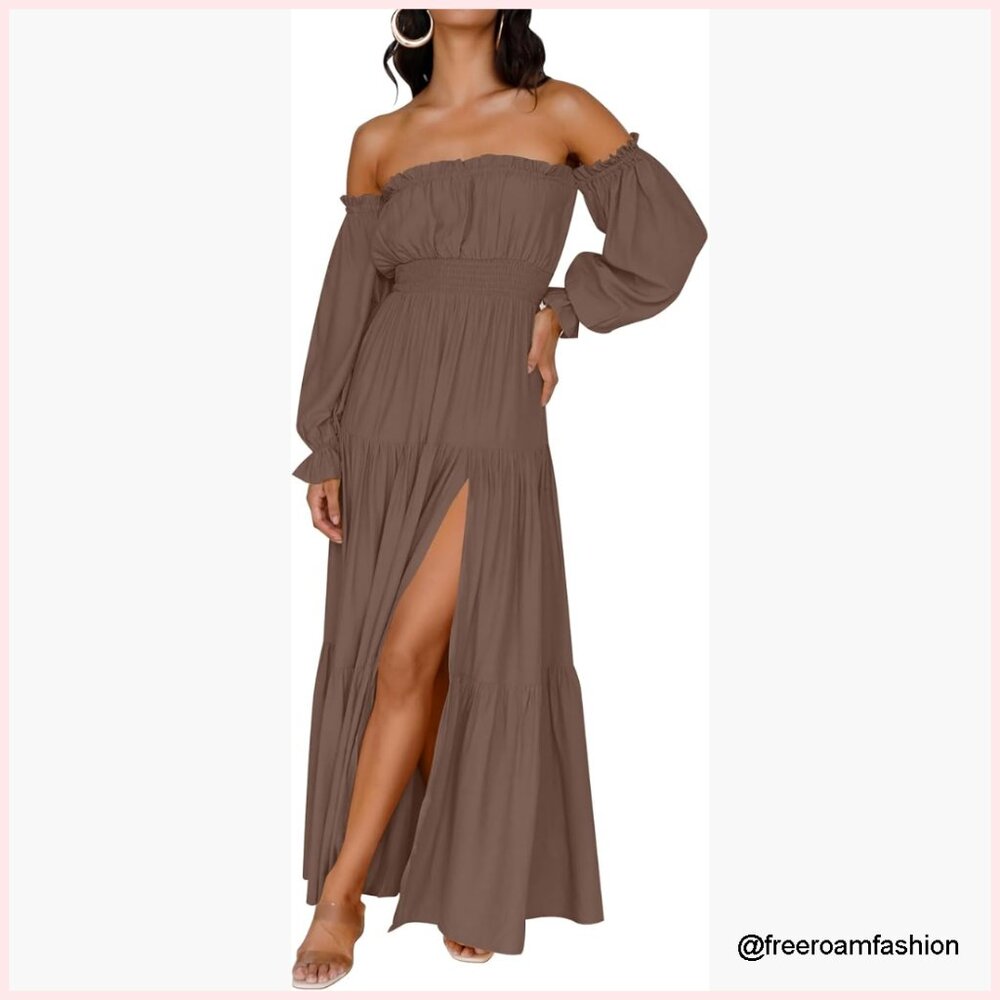 Off Shoulder Maxi Dress Long Sleeve Flowy A-Line Formal Wedding Guest